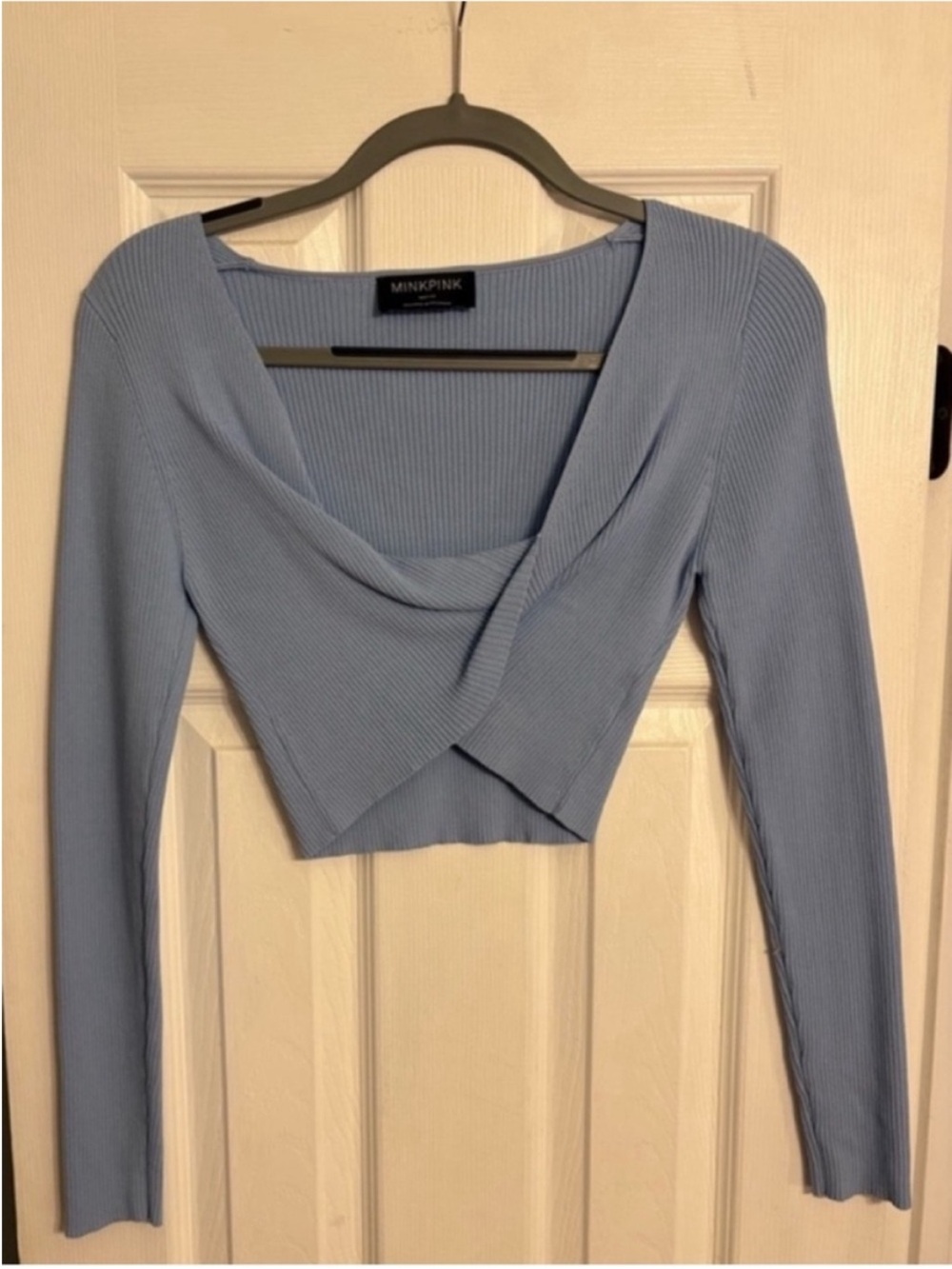 MINKPINK Sky Blue Ribbed Wrap-Front Crop Top